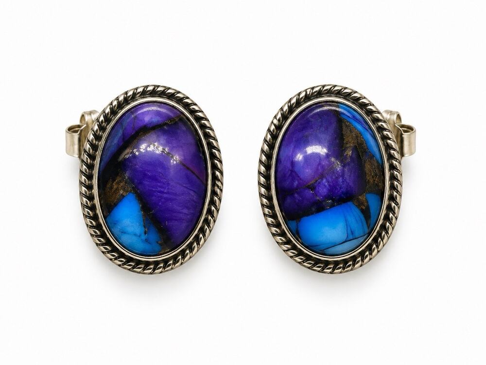 925 Sterling Silver Purple & Blue Turquoise Composite Stone Oval Stud Earrings